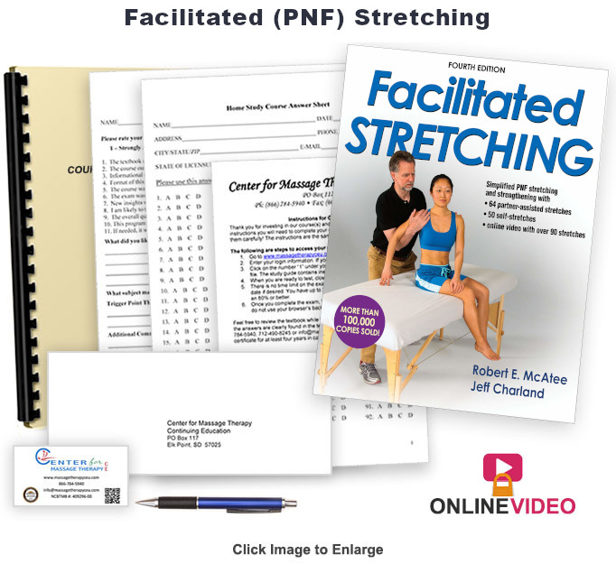 The NCBTMB approved 11 CE hour Facilitated (PNF) Stretching home course will introduce you to Proprioceptive Neuromuscular Facilitation (PNF) stretching.